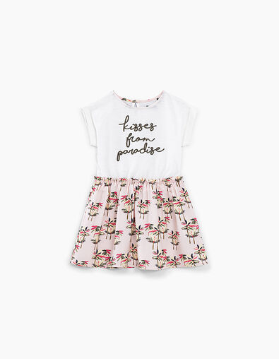 Girls’ off-white mixed fabric dress with palm print skirt - IKKS