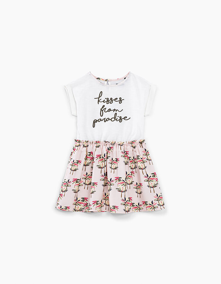 Girls’ off-white mixed fabric dress with palm print skirt-1 Girls’ off-white mixed fabric dress with palm print skirt-1