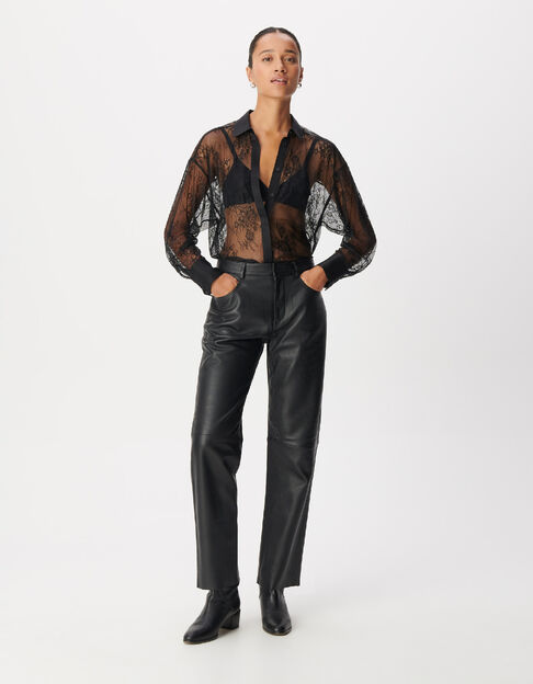 Pantalon droit en cuir noir Femme - IKKS