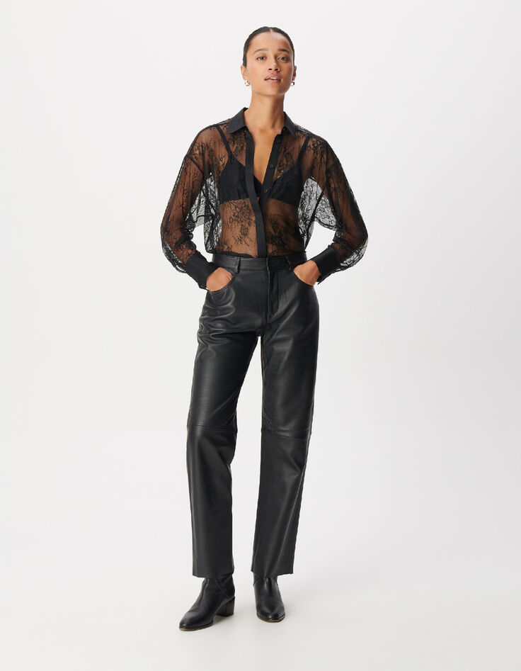 Pantalon droit en cuir noir Femme-1