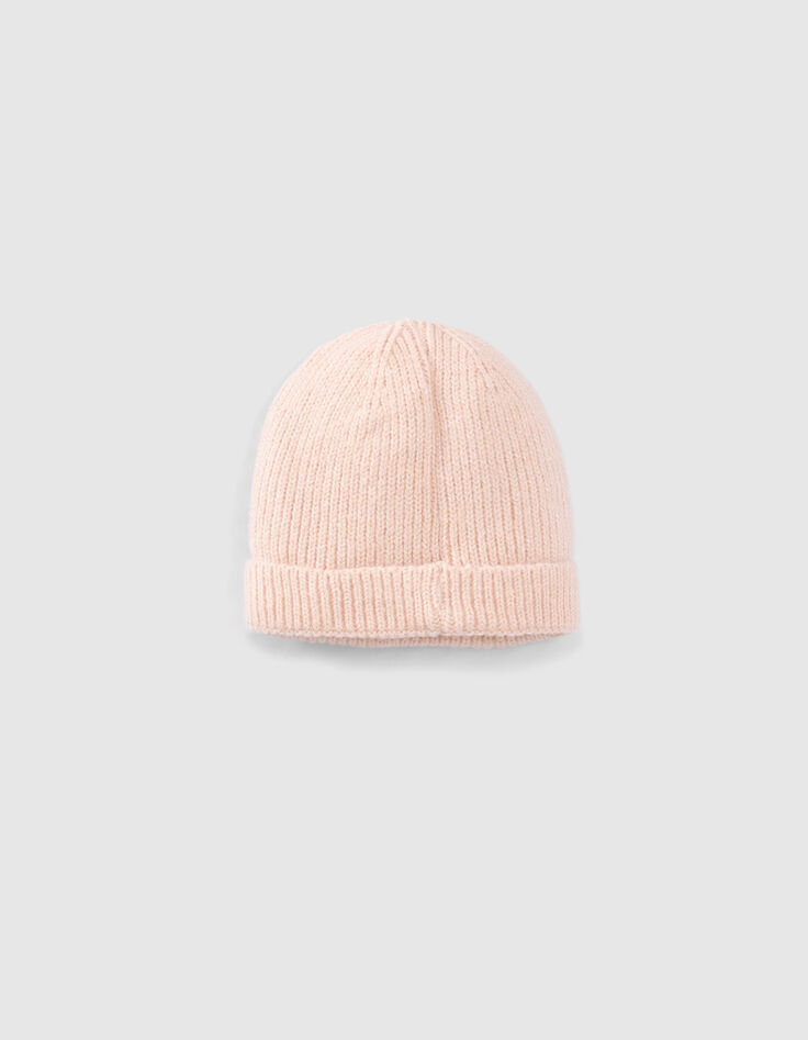 Bonnet rose poudré tricot lurex fourré bébé fille-3