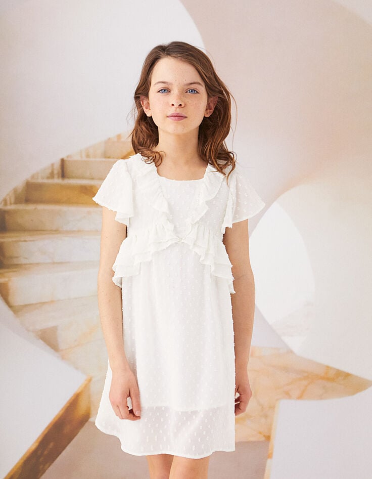 Girls' off-white dotted Swiss-style textured dress-1