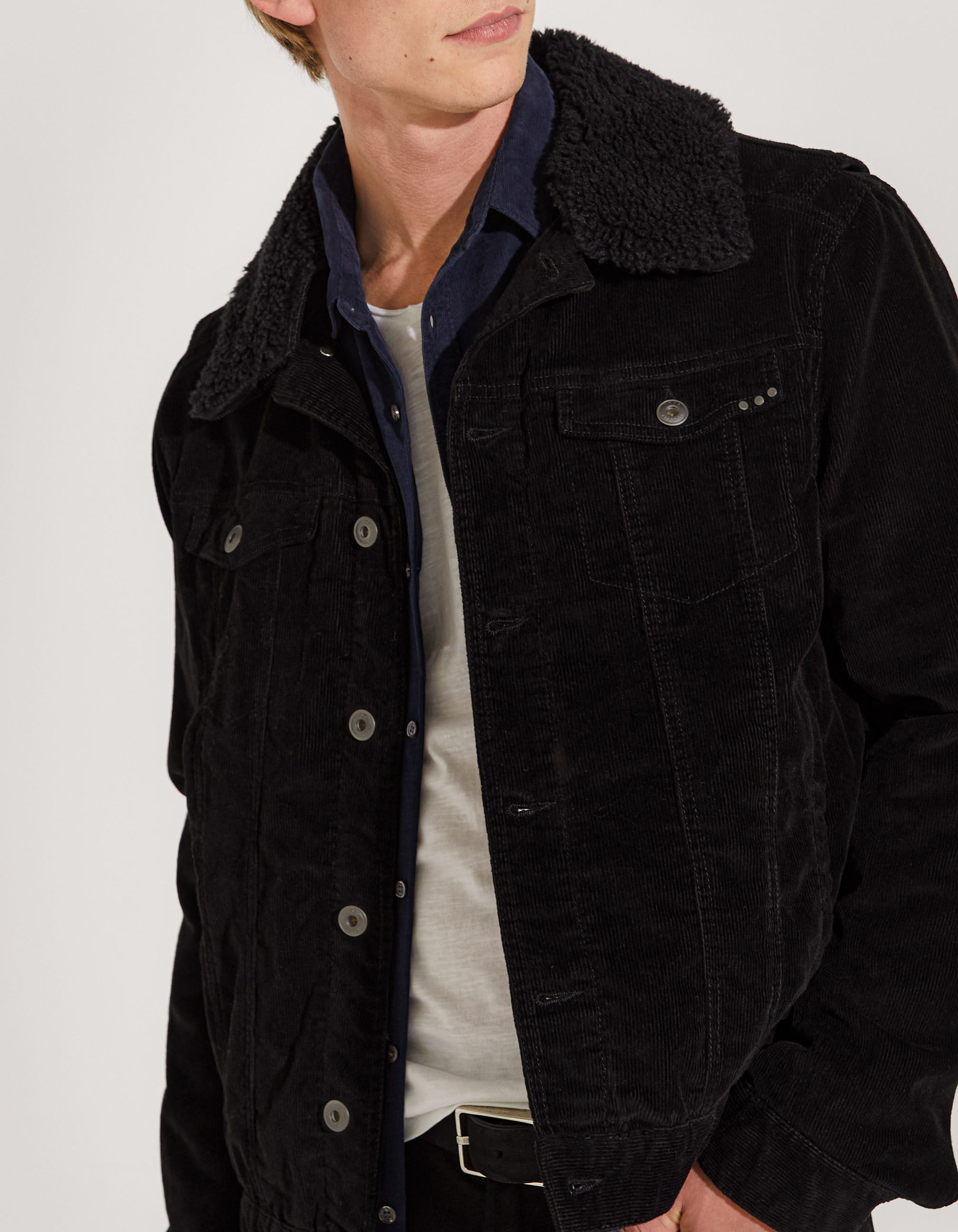 Men s black corduroy jacket with Sherpa collar