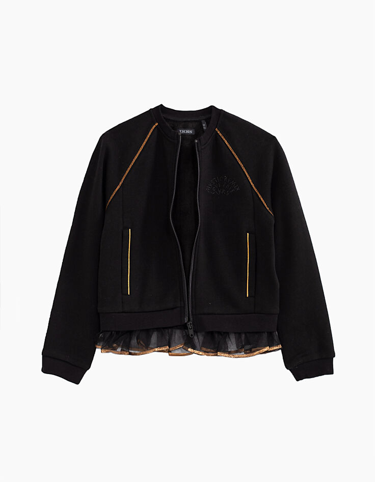 Cardigan noir zippé bordé de tulle fille-1 Cardigan noir zippé bordé de tulle fille-1