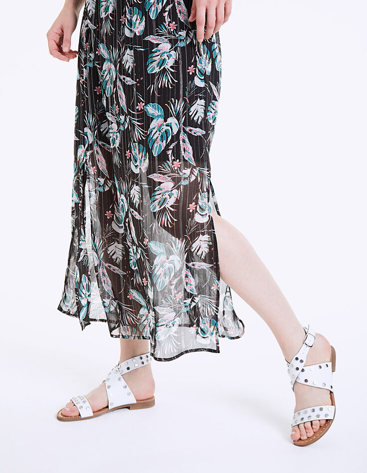 Langes Kleid mit Tropical-Garden-Print in Metallic-Garn auf schwarzem Grund-6