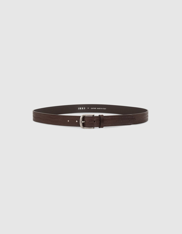 Ceinture marron foncé en cuir embossé tressage Homme-5