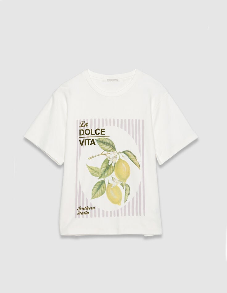 Round neck t-shirt white organic cotton visual lemons Women-5
