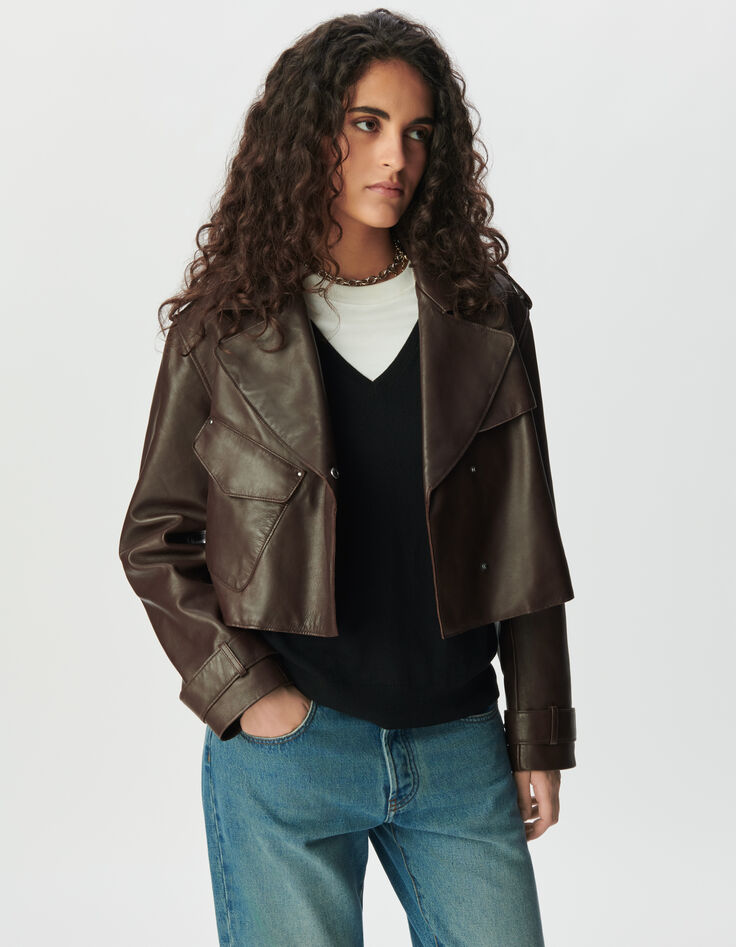 Blouson marron cuir forme trench court Femme-2