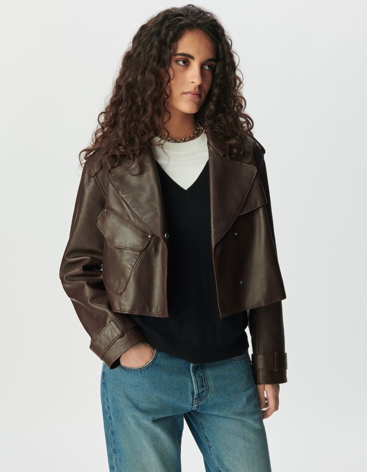Blouson marron cuir forme trench court Femme-2 Blouson marron cuir forme trench court Femme-2