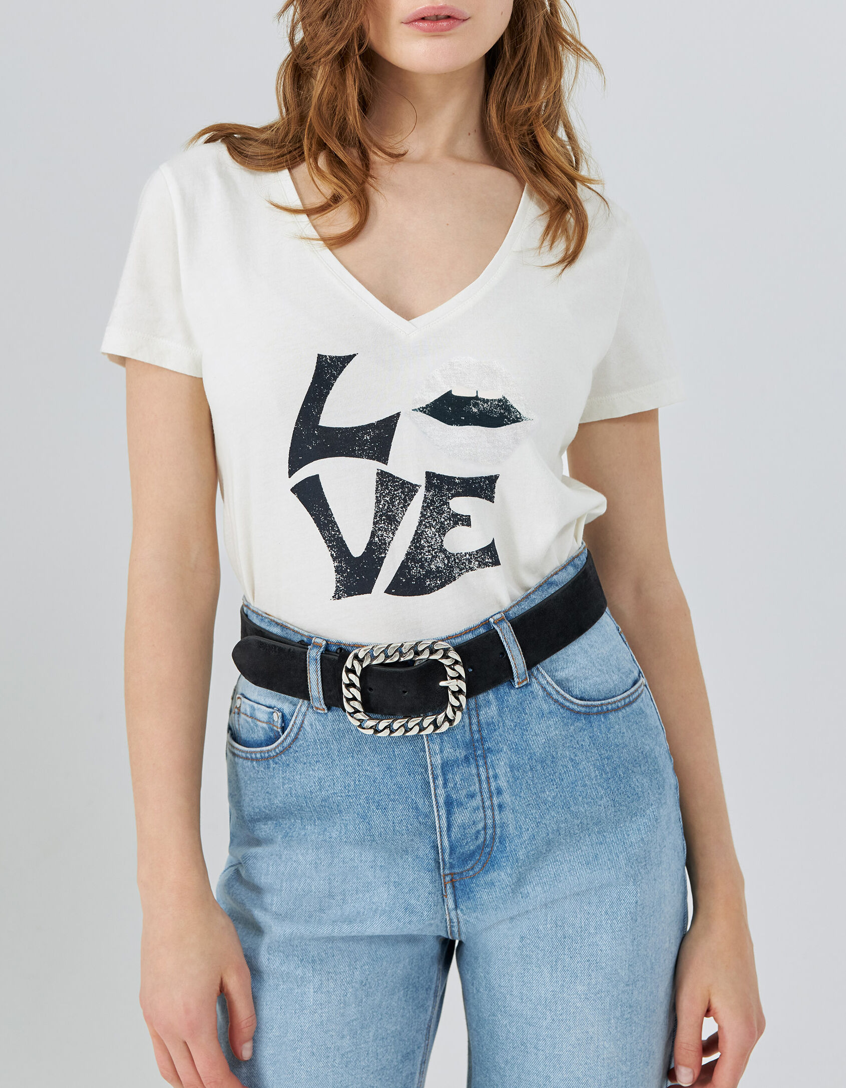 Camiseta blanca algod n ecol gico mensaje y boca mujer