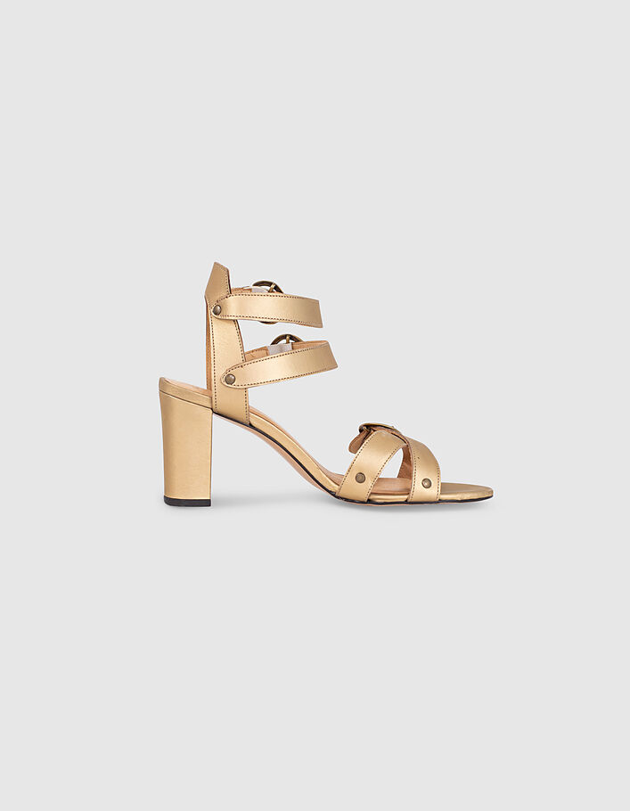 Women’s gold leather heeled sandals with buckles - IKKS