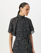 Women’s navy polka dot print long dress with draped collar-5