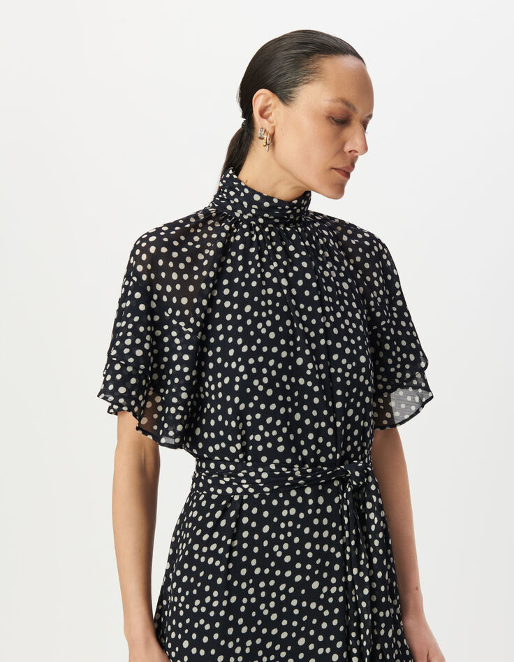Women’s navy polka dot print long dress with draped collar-5