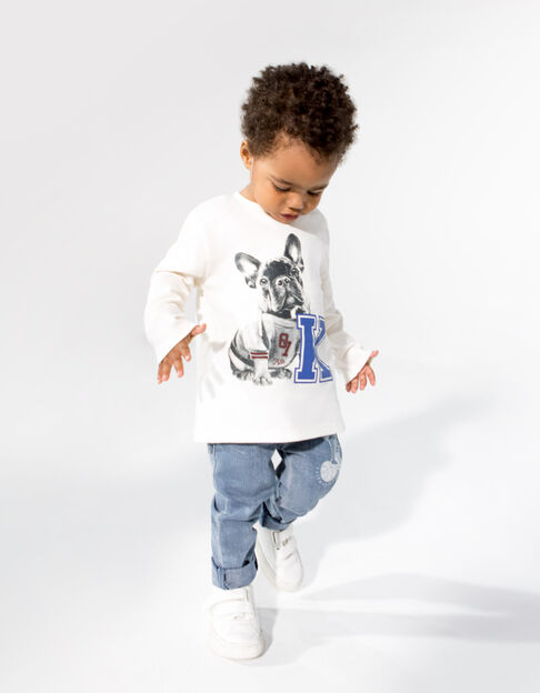 Ecru T-shirt biokatoen opdruk hond babyjongens