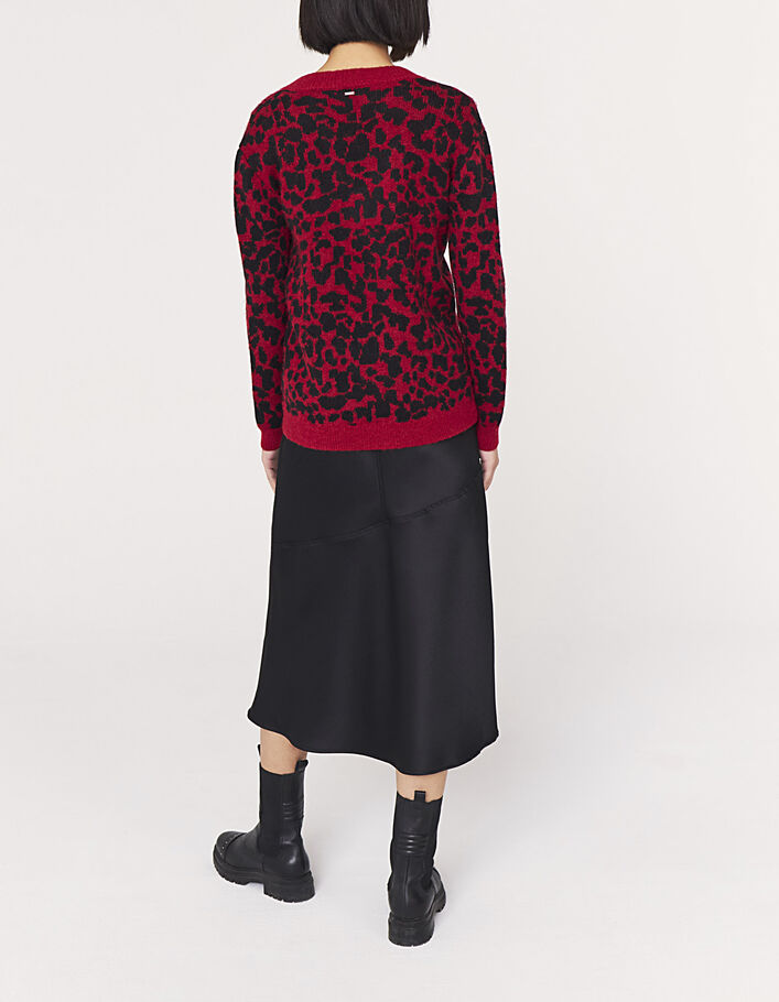 Jersey cuello pico rojo y negro jacquard leopardo mujer - IKKS