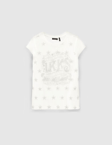 Girls&rsquo; white star embroidered tulle mixed-fabric T-shirt - IKKS