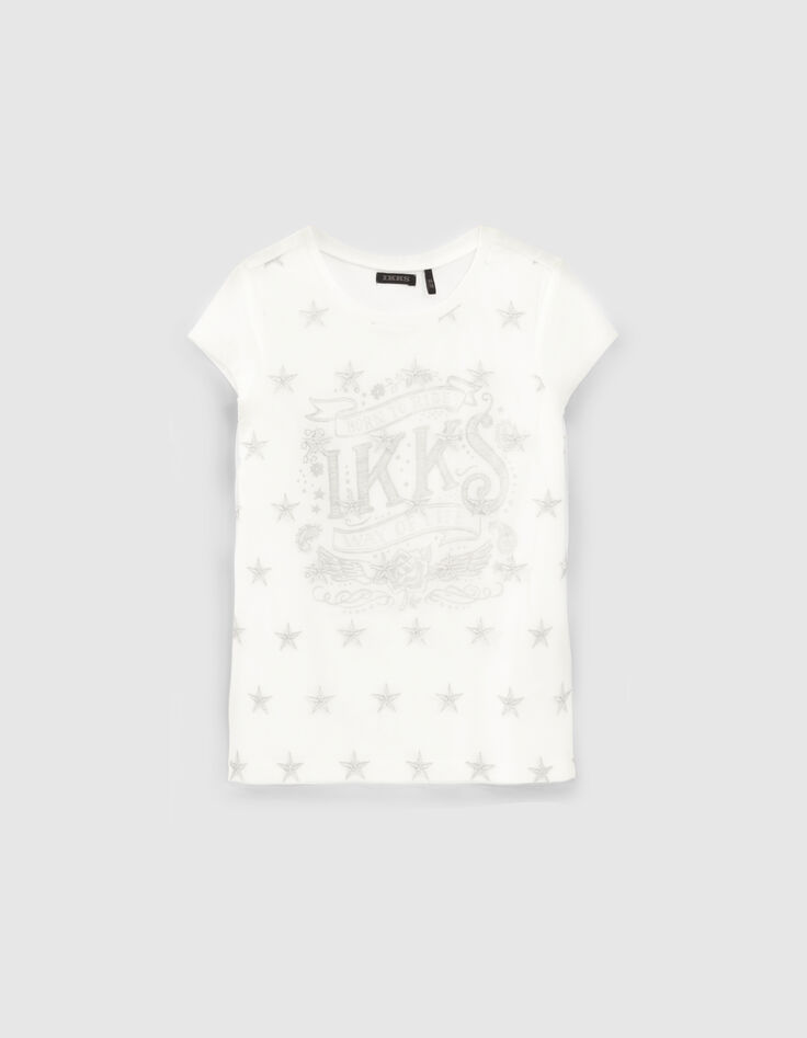 Girls&rsquo; white star embroidered tulle mixed-fabric T-shirt-1