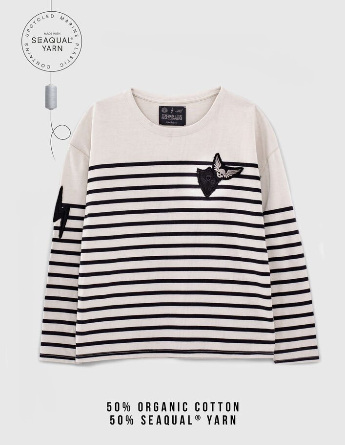 Marinière à rayures noires et écrues avec badges femme-1