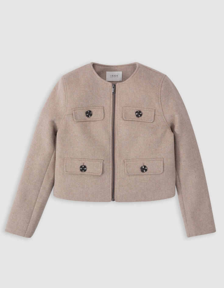 Women's straight beige wool jacket with rhinestone buttons-7