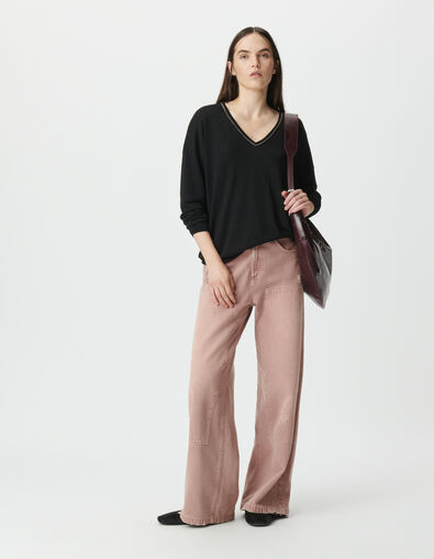 Schwarzer Damenfeinstrickpullover Lurex Schmuckhals - IKKS