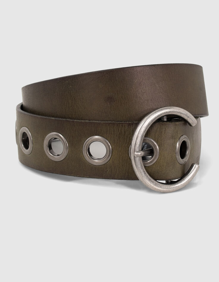 Ceinture en cuir kaki avec maxi œillets Femme-2