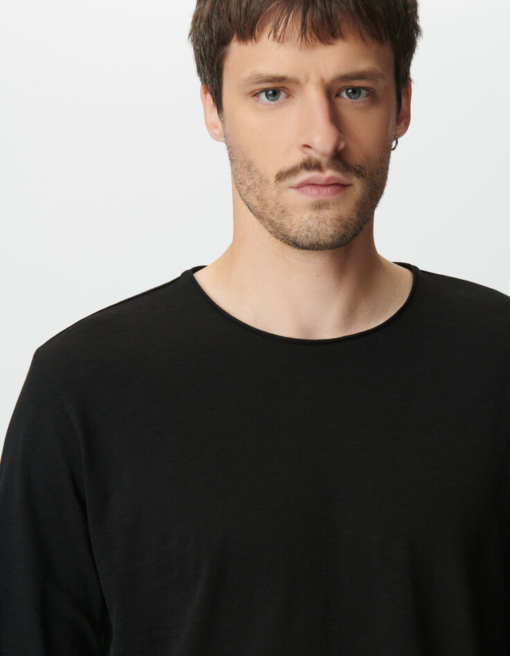 Camiseta manga larga negra algodón flameado hombre-4