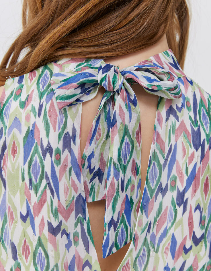 Women’s ecru ikat diamond print top with tie on back-4 Women’s ecru ikat diamond print top with tie on back-4
