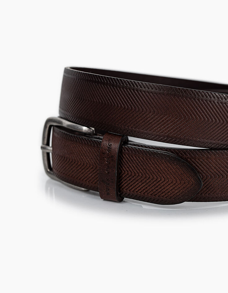 Men’s dark brown chevron-engraved leather belt-3