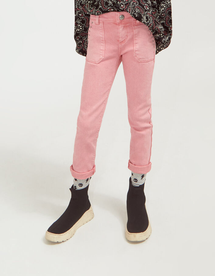 Girls’ medium pink studded slim jeans-1