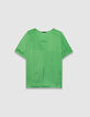 Top vert col V avec manches courtes pour femme-1
