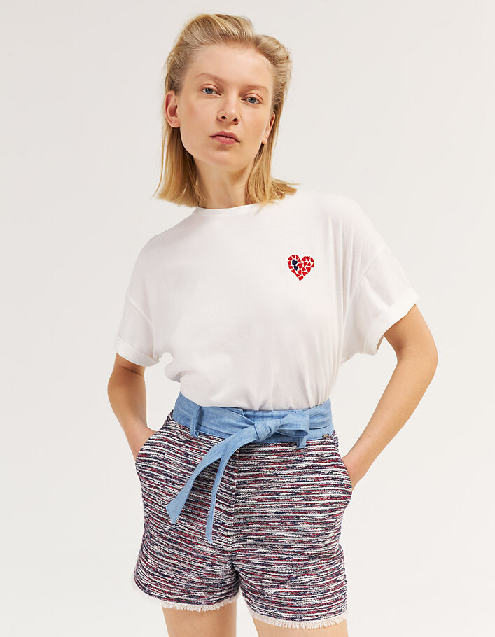 Cremeweißes Damen-T-Shirt aus Baumwolle mit Stickerei-1
