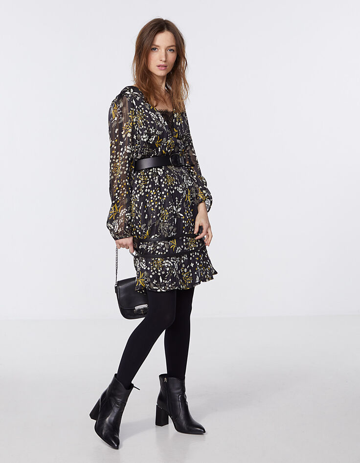 Metallic floral print voile dress with lace neckline-6