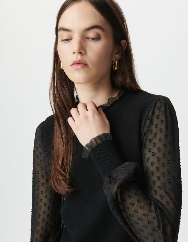 Jersey negro bimaterial punto mangas gasa plumetis mujer-5 Jersey negro bimaterial punto mangas gasa plumetis mujer-5