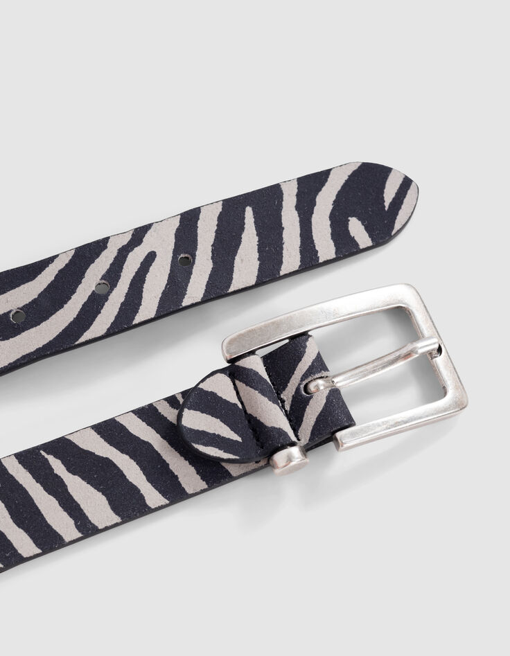 Women's unbleached leather belt with zebra pattern and open buckle-4
