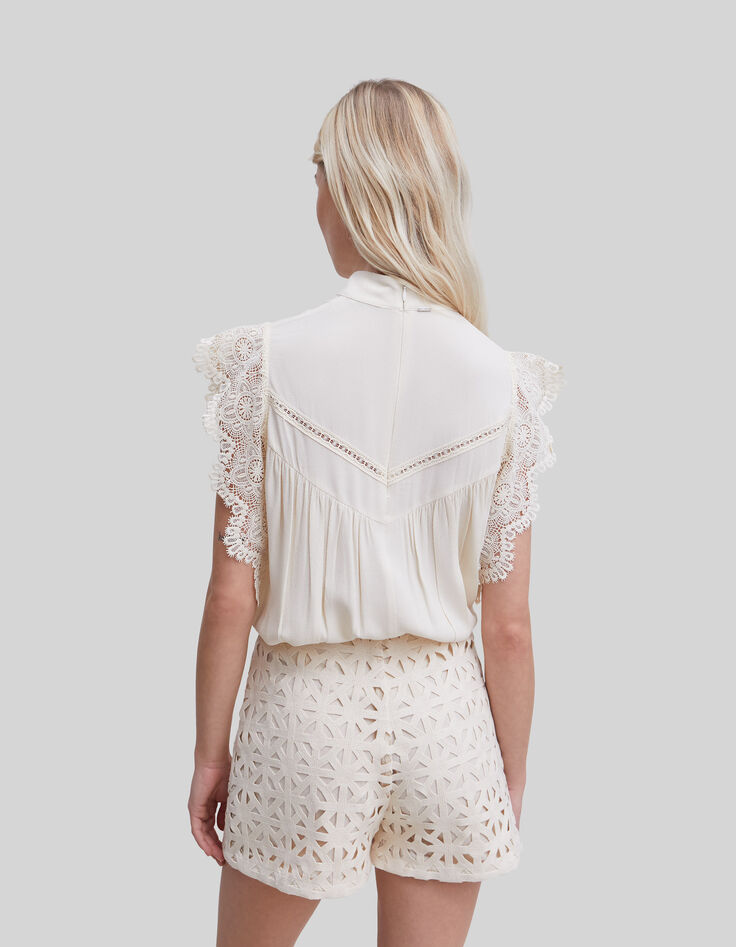 Kalkbeige top LENZING™ ECOVERO™ guipurekant Dames-3