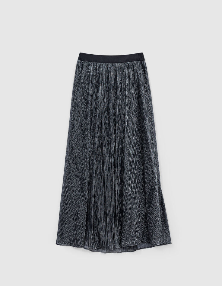 Langer, schwarzer Midi-Damenplisseerock mit Metallic-Optik-4