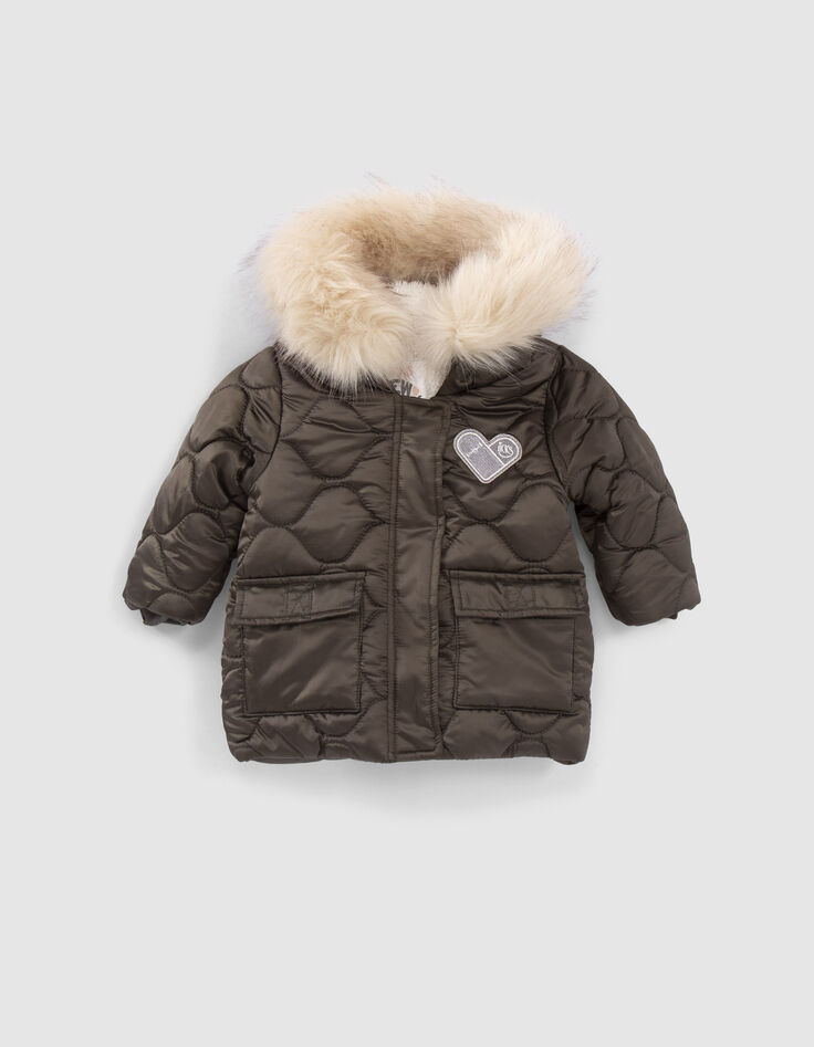 Kaki gevoerde en doorstikte parka met kap babymeisjes-1