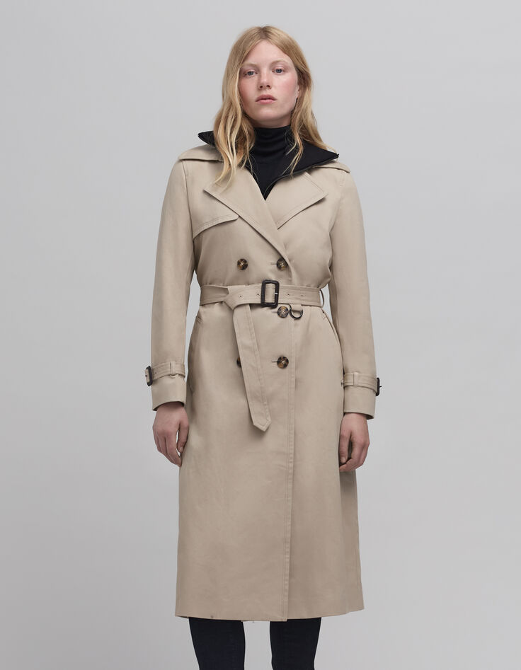 Women's long beige trench coat with removable trim-5