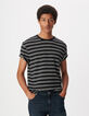 T-shirt marine maille gaufr&eacute;e motif rayures Homme-2
