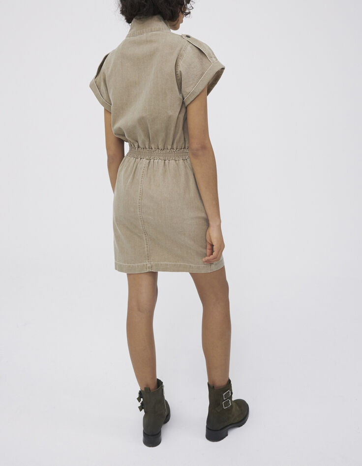 Women’s light khaki Terra Denim dress, studded high neck-6