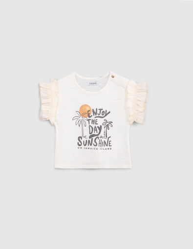 Baby girls’ ecru organic cotton T-shirt, glittery slogan - IKKS