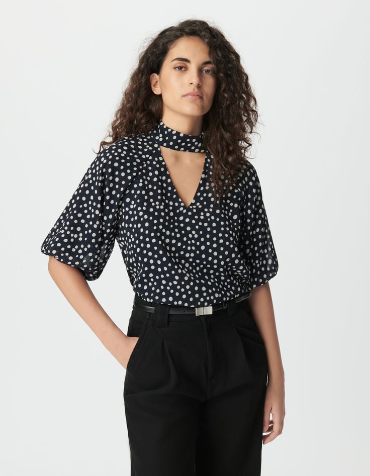 Blouse fluide marine motif pois manches ballon Femme-2