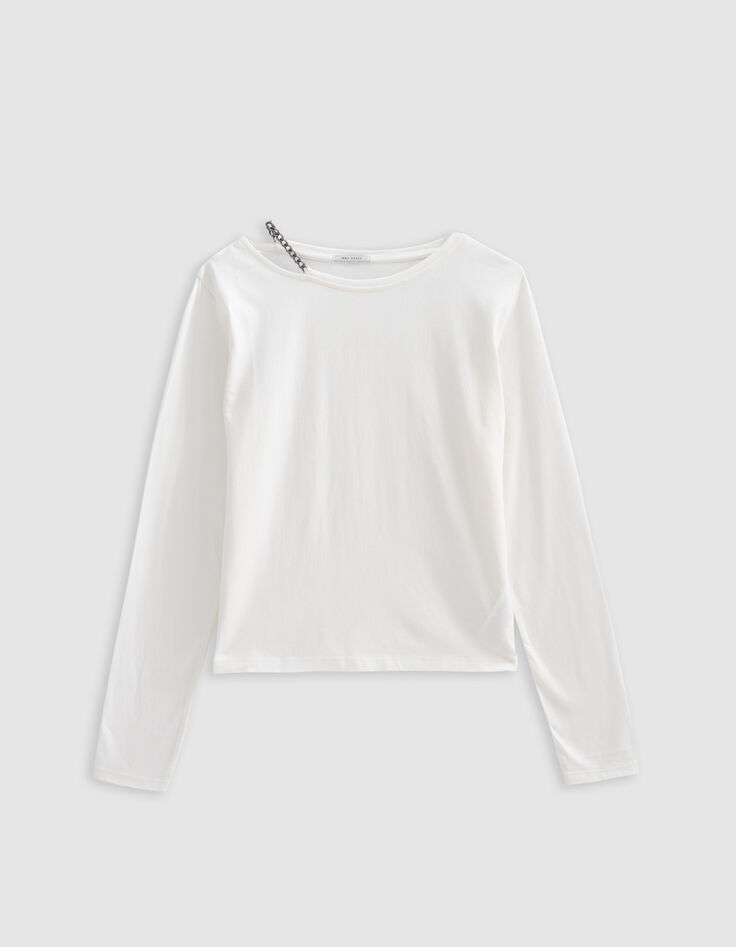 Camiseta de mujer con cuello de cadena en blanco roto-3