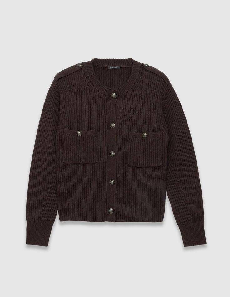 Cárdigan corto marrón 100 % lana acanalada mujer-6