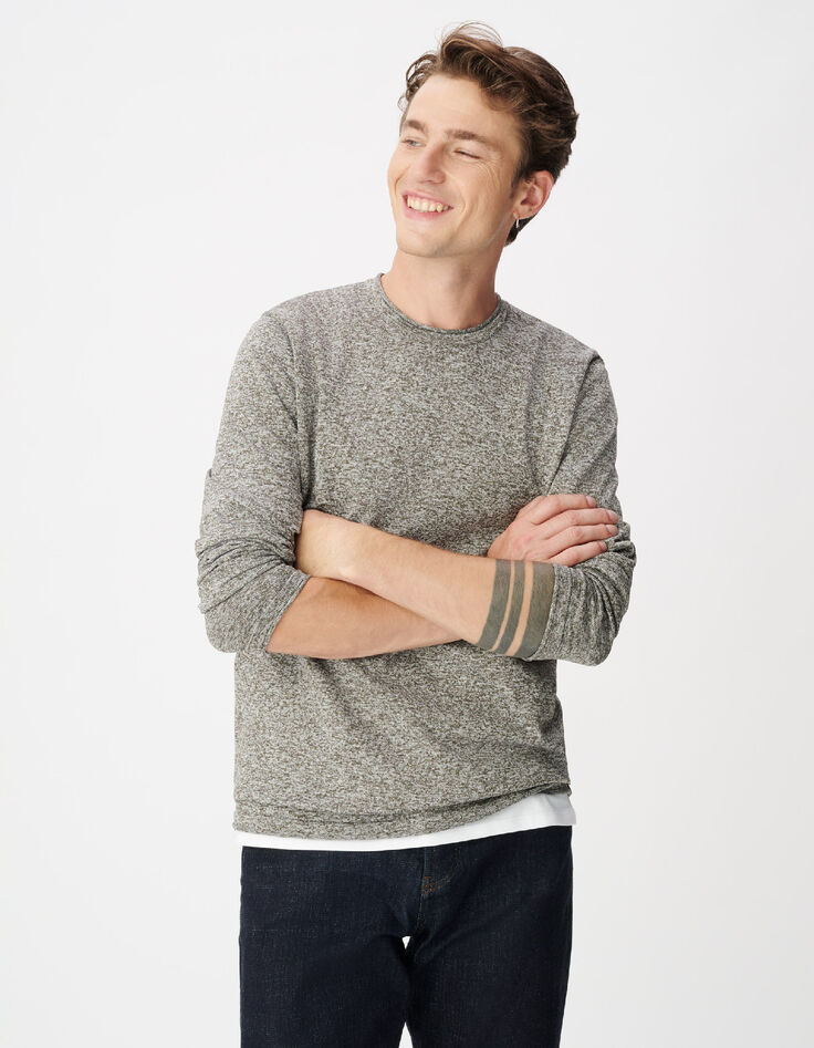 Pull manches longues kaki tricot moulin&eacute; Homme-5