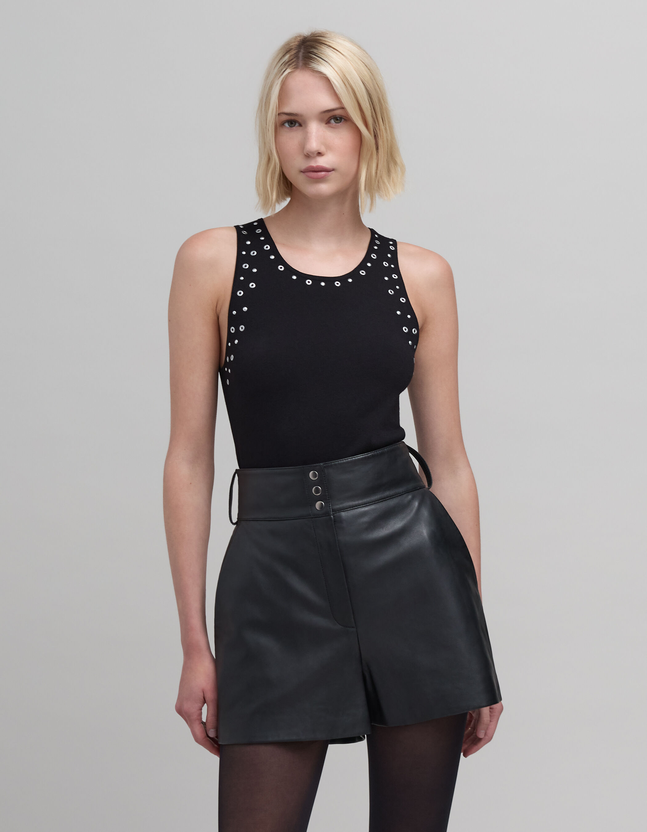 Women's black T-shirt sleeveless sweater with eyelets & studs IKKS