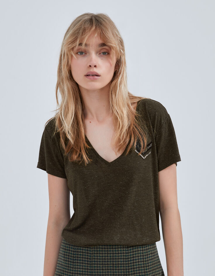 Women’s lichen glittery slogan T-shirt, chevron embroidery-1
