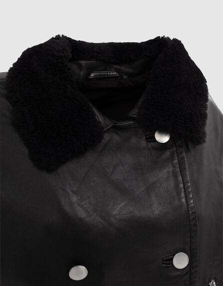 Women’s black leather jacket with faux sheepskin collar