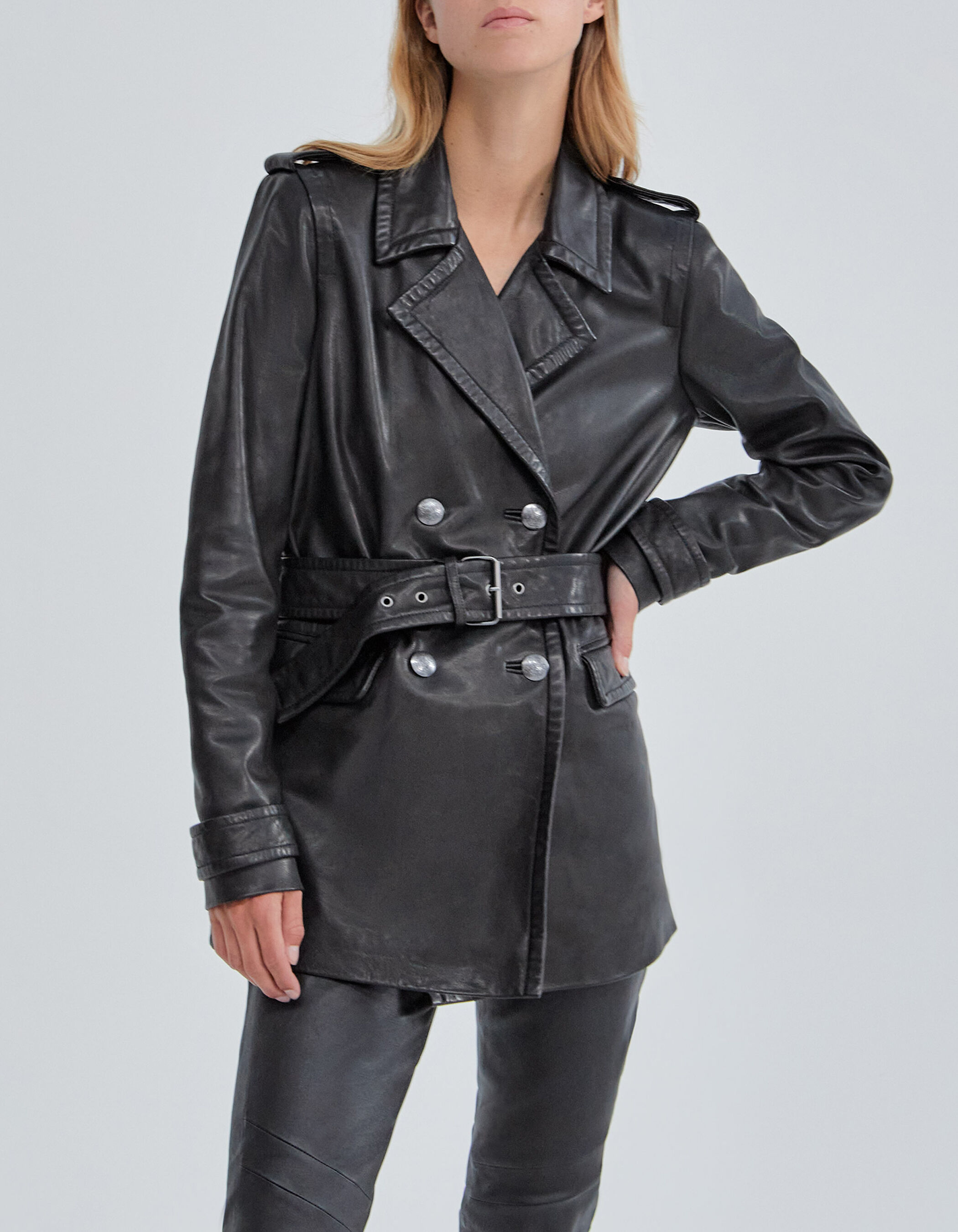 Pure Edition Veste longue noire en cuir ceintur e Femme