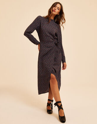 Robe longue noire imprim&eacute; floral d'hiver I.Code